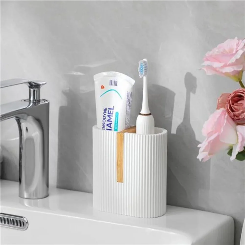 Matte White Toothbrush Holder Electric Toothbrush Organizer Bamboo Bathroom